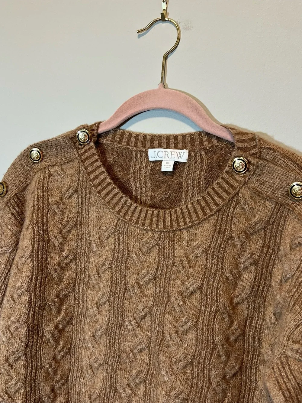 J. Crew Cable Knit Sweater With Buttons in Supersoft Yarn Brown Relaxed‎ Fit XS